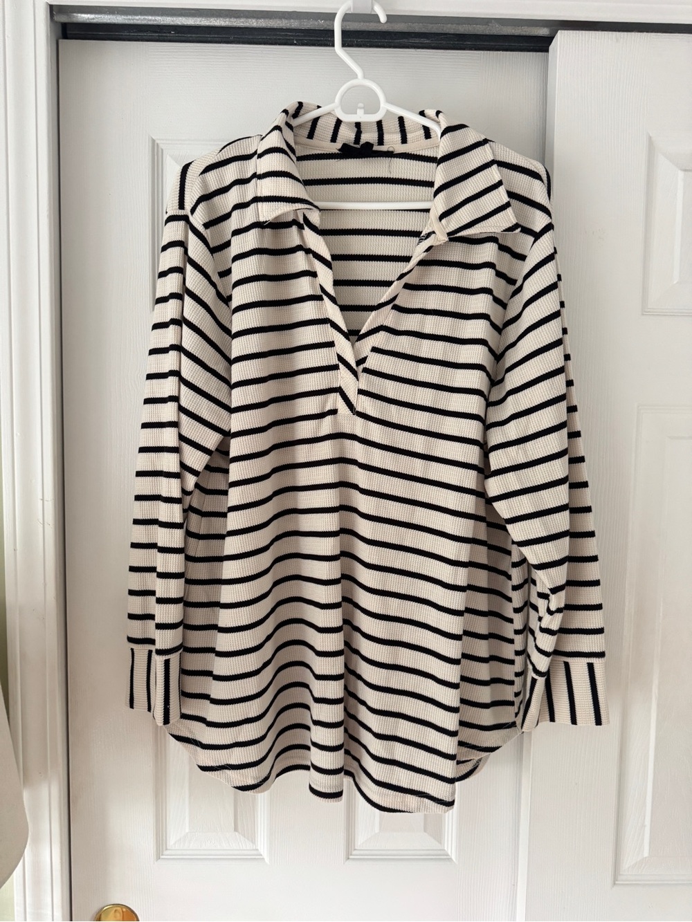 Striped Long-Sleeve Polo Tunic - Ivory & Black